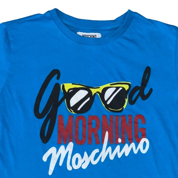 Authentic MOSCHINO Teen Kid Unisex Blue Stretch Soft Graphic Tee T-shirt - Picture 2 of 7